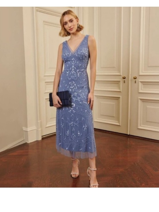 Adrianna Papell Dresses & Skirts - Adrianna Papell Dress SZ 14 Blue Sequin Beaded Midi Formal Cocktail NWT GALA MOB